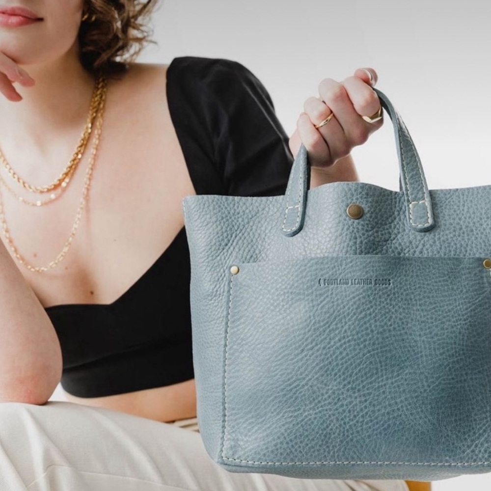 Portland Leather Goods Mini Pebbled Crossbody Bag Tote  Blue Steel